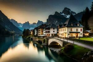 uma lindo montanha cena com uma ponte e casas. gerado por IA foto