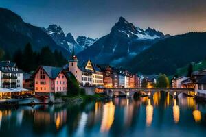 a Cidade do Altenburg dentro a suíço Alpes às crepúsculo. gerado por IA foto