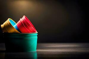 uma balde do colorida plástico copos em uma Sombrio mesa. gerado por IA foto