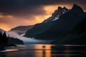 uma lindo pôr do sol sobre uma lago com montanhas dentro a fundo. gerado por IA foto