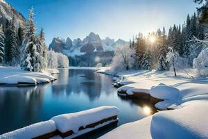 neve coberto árvores e uma rio dentro a montanhas. gerado por IA foto