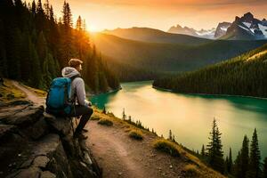 uma homem com uma mochila senta em a Beira do uma penhasco negligenciar uma lago e montanhas às pôr do sol. gerado por IA foto