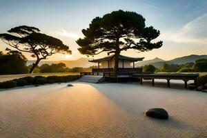 uma japonês jardim às pôr do sol com uma pagode e árvores gerado por IA foto