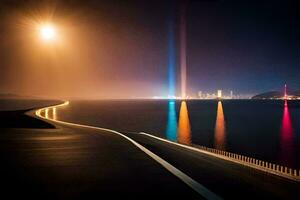 uma grandes estrada conduzindo para a oceano às noite. gerado por IA foto