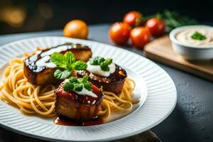 uma prato do espaguete com carne e molho. gerado por IA foto