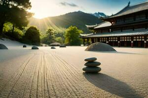 uma zen jardim dentro a montanhas. gerado por IA foto