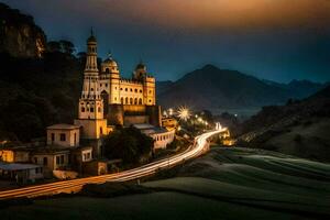 uma Igreja dentro a montanhas às noite. gerado por IA foto