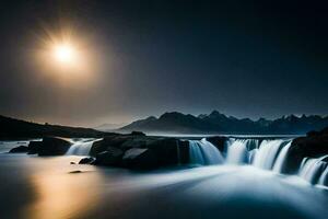 uma cascata fluxos sobre pedras dentro a oceano às noite. gerado por IA foto