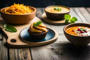 uma de madeira mesa com taças do sopa, bolos de copo e de outros Comida. gerado por IA foto