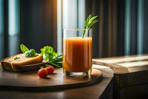 uma vidro do suco com uma fatia do pão e uma peça do fruta. gerado por IA foto