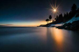 a lua brilha brilhantemente sobre a oceano às noite. gerado por IA foto