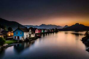 uma lago e casas dentro a montanhas às pôr do sol. gerado por IA foto