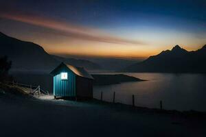 uma pequeno cabana senta em a costa do uma lago às noite. gerado por IA foto