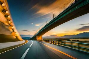 uma grandes exposição foto do uma ponte às pôr do sol. gerado por IA