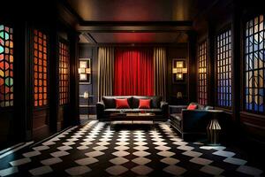 a quarto tem Preto e branco xadrez pavimentos e vermelho cortinas. gerado por IA foto