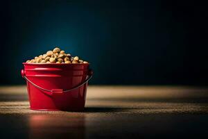 uma vermelho balde preenchidas com amendoim em uma mesa. gerado por IA foto