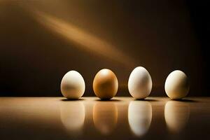 cinco ovos dentro uma linha em uma mesa. gerado por IA foto