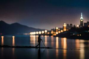 uma homem anda em ao longo a água às noite com uma cidade dentro a fundo. gerado por IA foto