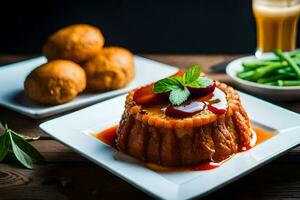 uma sobremesa com carne e legumes em uma placa. gerado por IA foto