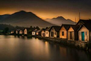 uma lago e casas dentro a montanhas às pôr do sol. gerado por IA foto