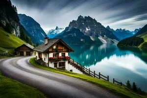 uma casa senta em a lado do uma montanha negligenciar uma lago. gerado por IA foto