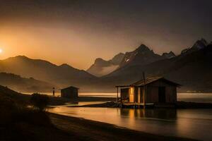 a Sol sobe sobre uma lago e dois pequeno cabanas. gerado por IA foto