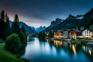 uma rio e casas dentro a montanhas às crepúsculo. gerado por IA foto