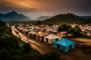 uma Vila dentro a montanhas com muitos tendas. gerado por IA foto