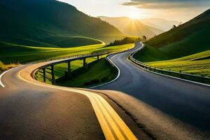 uma enrolamento estrada dentro a montanhas com a Sol contexto. gerado por IA foto