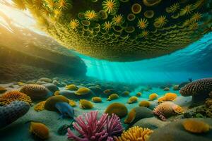 uma coral recife com muitos colorida corais e anêmonas. gerado por IA foto