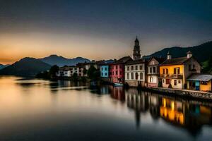 colorida casas em a costa do uma lago às pôr do sol. gerado por IA foto