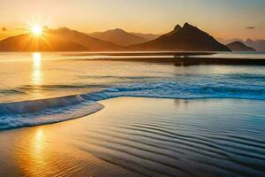 a Sol sobe sobre uma de praia e montanhas. gerado por IA foto