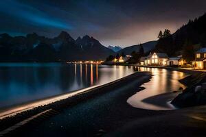 uma lago e montanha alcance às noite. gerado por IA foto