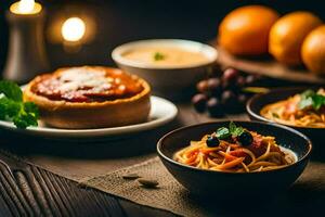 uma mesa com Comida e velas em isto. gerado por IA foto