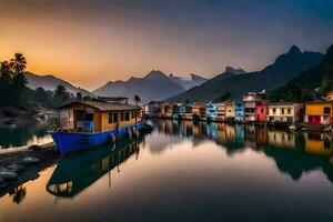 colorida casas em a água às pôr do sol. gerado por IA foto