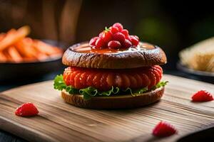 uma Hamburger com bagas e cenouras em uma de madeira corte borda. gerado por IA foto