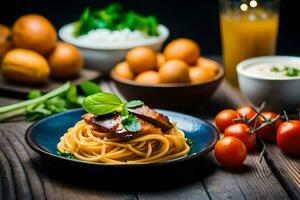 espaguete com carne e legumes em uma de madeira mesa. gerado por IA foto