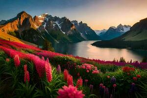 a Sol conjuntos sobre uma lago e montanhas com Rosa flores gerado por IA foto