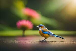 uma pequeno pássaro é em pé em a terra perto uma flor. gerado por IA foto