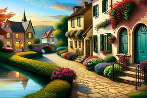 uma pintura do uma Vila rua com flores e casas. gerado por IA foto