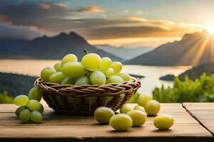 uvas dentro uma cesta em uma mesa com montanhas dentro a fundo. gerado por IA foto