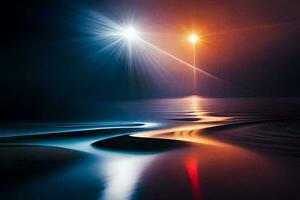 uma luz brilhando sobre a água às noite. gerado por IA foto