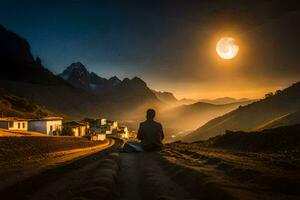 a homem é sentado em a estrada dentro frente do uma montanha Vila. gerado por IA foto