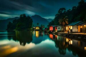 uma lago às noite com casas e montanhas dentro a fundo. gerado por IA foto