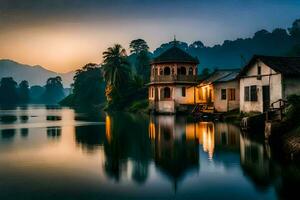 uma casa senta em a Beira do uma lago às pôr do sol. gerado por IA foto