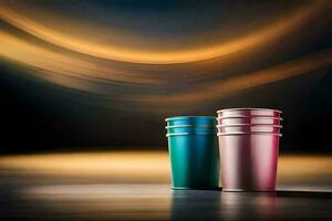 dois colorida plástico copos em uma mesa com uma embaçado fundo. gerado por IA foto