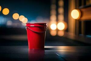 uma vermelho balde sentado em uma mesa dentro frente do uma embaçado fundo. gerado por IA foto