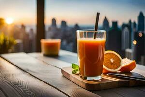 uma vidro do laranja suco com uma Palha e fatia do laranja em uma mesa com uma paisagem urbana. gerado por IA foto