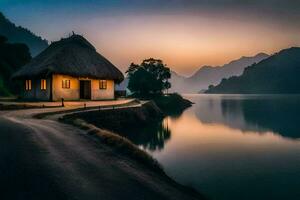 a casa em a lago. gerado por IA foto