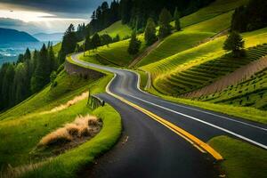 uma enrolamento estrada dentro a montanhas com Relva e árvores gerado por IA foto